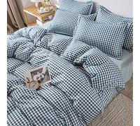 Oduo Duvet Cover Sets 4 Pieces, Simple Style Print Reversible Bedding Set with Quilt Cover, Pillowcases & Flat Sheet - Microfiber Soft Duvet Cover Set for Adult Teenager (Blue Plaid,180x220cm)