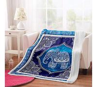 Oduo Fleece Blanket Single Double Size, Indian Elephant Print Adults Kids Oversized Throws for Bed Chair Sofa Couch, Super Soft Warm Sherpa Fleece Blanket (Bohemian blue,150x130cm)