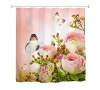 Oduo Shower Curtains 3D Butterfly Print, Mould Proof Resistant Waterproof Shower Curtains Washable Bath Curtain with 10-12 Hooks - Shower Curtain for Bathroom (Pink Flowers,90x180cm)