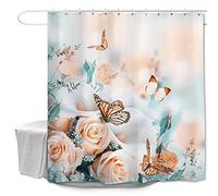 Oduo Shower Curtains Mould Proof Resistant Washable, 3D Rose Flower Print Shower Curtains Waterproof Bath Curtain with 10-12 Hooks - Shower Curtain for Bathroom (Yellow,90x180cm)