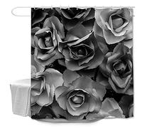 Oduo Shower Curtains Mould Proof Resistant Washable, 3D Rose Flower Print Shower Curtains Waterproof Bath Curtain with 10-12 Hooks - Shower Curtain for Bathroom (Black,90x180cm)