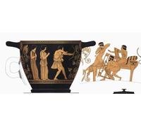 Odysseus kills the suitors of his wife Penelope when he returns to Ithaca from his travels. The scene is recorded on a skyphos or drinking bowl dating from the 5th century BC. The scene on the right