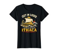 Odyssey Get in Loser Returning to Ithaca Greek Myths Funny Value Graphic T-Shirt, Women, Black, S