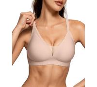 OEAK Comfort Bras for Women Wireless Non Wired Push Up Bralettes Soft V Neck lace Bra Scalloped Full Coverage Seamless Bra,Beige,XXL