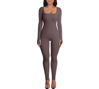 OEAK Women's Sports Jumpsuit Long Tight Yoga Bodysuit Jumpsuit Stretch Long Sleeve Bodycon Romper Sports Suit One-Piece Trouser Suit Tracksuit, dark brown, S