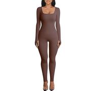 OEAK Women's Sports Jumpsuit Long Tight Yoga Bodysuit Jumpsuit Stretch Long Sleeve Bodycon Romper Sports Suit One-Piece Trouser Suit Tracksuit, coffee, S