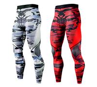 OEBLD Compression Pants Men UV Blocking Running Tights 1 or 2 Pack Gym Yoga Leggings for Athletic Workout, Grey Camo+red Camo, Large