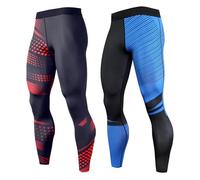 OEBLD Compression Pants Men UV Blocking Running Tights 1 or 2 Pack Gym Yoga Leggings for Athletic Workout, Red Dot Pants +Lake Blue, X-Large