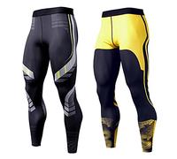 OEBLD Compression Pants Men UV Blocking Running Tights 1 or 2 Pack Gym Yoga Leggings for Athletic Workout, Black+yellowdotpant, XXL