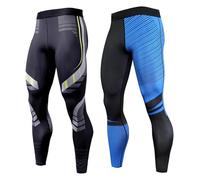 OEBLD Compression Pants Men UV Blocking Running Tights 1 or 2 Pack Gym Yoga Leggings for Athletic Workout, Black +Lake Blue, Large