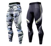 OEBLD Compression Pants Men UV Blocking Running Tights 1 or 2 Pack Gym Yoga Leggings for Athletic Workout, Black+grey Camo, Medium