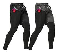 OEBLD Mens 2 in 1 Athletic Running Pants Quick Dry Gym Workout Shorts for Men Compression Pants with Pockets, Black+grey, X-Large