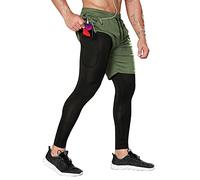 OEBLD Mens 2 in 1 Athletic Running Pants Quick Dry Gym Workout Shorts for Men Compression Pants with Pockets, Army Green, Large