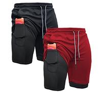 OEBLD Mens Athletic Shorts 2-in-1 Gym Workout Running 7'' Shorts with Towel Loop, Black2+red, Large