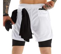 OEBLD Mens Jogger Shorts 2-in-1 Workout Running Shorts with Towel Loop 7" Lightweight Gym Yoga Training Sport Pants with Zipper Pockets - White - X-Large