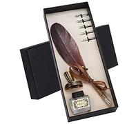 OEBUAFI Feather Pen Set, Calligraphy Pen with 5 Stainless Steel Nibs 1-5mm for Gothic Italian Writing Classical Style Ink Pen Box for Beginners Teachers (Brown)