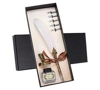 OEBUAFI Feather Pen Set, Calligraphy Pen with 5 Stainless Steel Nibs 1-5mm for Gothic Italian Writing Classical Style Ink Pen Box for Beginners Teachers (White)