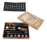 OEBUAFI Feather Pen Set, European Retro Writing Set with 18 Replacement Nibs and 6 Ink Glass Wood Dip Pens Fire Lacquer Wax for Gift Writing (SP271935R sprinkled gold and dark green (round)