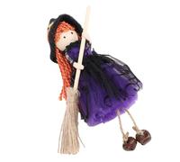 OEBUAFI Hangable Witch Decoration with Broom Silk Cloth Doll, Adorned with Bells and Fluffy Skirt, for Suspension on Doorways Windows or Trees (Purple)