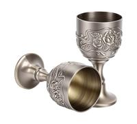 OEBUAFI Set of 2 Vintage Wine Glasses, Embossed Rose Metal Goblets for | Bronze Antique Finish, Rust-resistant Metal, 8cm Height, Smooth Drinking Edge for Red Wine or Juice