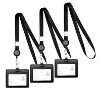 OEEYYT 3pcs Black Retractable Lanyard with Card Holder, Lanyards for Neck with Card Holder Leather Horizontal Id Badge Holder and Lanyard Retractable with 1 Id Window and 1 Card Slot, for Work School