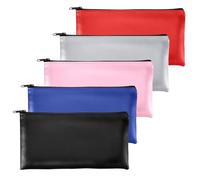 OEEYYT 5 Pack Money Bags, Leather Zip Money Coin Cash Pouch, Security Durable Money Bags for Banking, for Business, Home, School, Cosmetics (Black, Blue, Red, Light Grey, Pink)