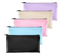 OEEYYT 5 Pack Money Bags, Leather Zip Money Coin Cash Pouch, Security Durable Money Bags for Banking, for Business, Home, School, Cosmetics (Black, Light Purple, Sky Blue, Pink, Apricot)