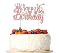 OEEYYT Happy 16th Birthday Cake Topper Glitter Heart Star Crown 16th Birthday Decorations Rose Gold Cake Toppers Birthday Personalised for Birthday Party Cake Supplies (16th)
