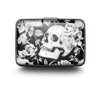 ÖGON -DESIGNS- Porte-Cartes en Aluminium, Protection RFID Contre la fraude et la démagnétisation, Portefeuille Compact, modèle Smart Case Stockholm (Engraving Skulls & Roses, Extra-Secure Lock)
