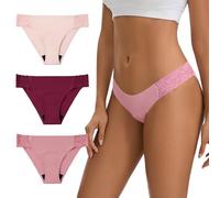 OEIOEI Women's Period Underwear Seamless No Show Invisible Lace Leakproof Menstrual Bikini Panties 3-Pack, Carnation, L