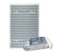 ÖJBRO VANTFABRIK Dalarna Blå Woven Wool Blanket with Fringes 130 x 220 cm Natural/Blue/Black 100% Merino Wool Knitted Plaid Bedspread Quilt Warm Soft - Made in Sweden
