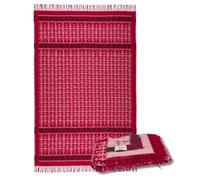 ÖJBRO VANTFABRIK Ekshärad Röd Wool Blanket with Fringes 130 x 220 cm Red / Natural / Soot 100% Merino Wool Knitted Plaid Bedspread Quilt Warm Soft - Made in Sweden