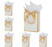 OEMVALATY 6 Pcs Thank You Gift Bags with Handles and Tissue Paper 9 x 7 x 3. 15'' Metallic Welcome Gift Bags with Bow Ribbon for Wedding Bridal Baby Shower Anniversary Birthday Party(White, Gold)