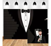 OERJU 5x3ft Black Gentleman Tuxedo Backdrop Black Tuxedo Suit Bow Tie White Shirts Photography Background for Father's Day Men Adults Birthday Party Banner Art Portraits Photo Props
