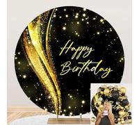 OERJU Happy Birthday Round Backdrop Cover Black and Gold Birthday Party Photography Background Men Women Birthday Party Decoration Circle Backdrop Cover Cake Table Arch Photo Booth Backdrops 7.2ft