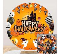 OERJU Happy Halloween Round Backdrop Cover - Cartoon Halloween Photography Backdrop with Pumpkin, Moon, Ghost, Haunted Castle, Trick or Treat Background - 7.2x7.2ft
