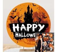 OERJU Happy Halloween Round Backdrop Cover Scary Halloween Photography Backdrop Pumpkin Haunted House Horror Spooky Night Round Background Halloween Party Decorations Arch Photo Booth Backdrop 7.2ft