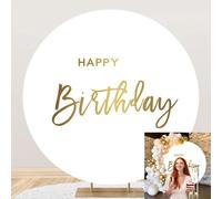 OERJU White Happy Birthday Round Backdrop Cover Gold Happy Birthday Sign Round Backdrop Kids Adult Birthday Party Decoration Circle Background Stand Cover Cake Table Banner Arch Photo Props 6.5ft