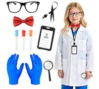 Oerphh 10 Pcs Kids Scientist Costume Set,Kids Mad Scientist Costume Include Lab Coat,Glasses, ID Card,Bow tie, Magnifier and Gloves for Science Week,Halloween, Dress Up, Role Play