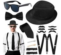 Oerphh 12 Pcs 1920s Mens Costume Accessories Set, Peaky Blinders Costume with Sunglasses Hat Bow Tie Suspenders 2 Sleeves 3 Beards Tie 2 Tie Clips, Gatsby Fancy Dress for 1920s Men's Masquerade
