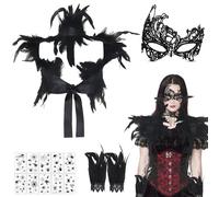 Oerphh 14 Pcs Women Natural Feather Cape, Gothic Feather Cape Shawl with 2 Feather Bracelets, 10 Spider Stickers and a Phoenix lace mask for Carnival Parties and Halloween Role-Playing Black