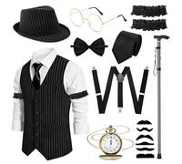 Oerphh 16PCS 1920s Mens Vintage Costume Set Roaring Twenties Gangster Outfit Waistcoat With Flat Cap Braces Walking Stick For Adults Theme Parties Fancy Dress Kit Carnival Costume