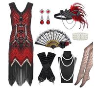 Oerphh 1920s Flapper Great Gatsby Accessories Set,Claret Roaring 20's Theme Set with Sequin Fringed Dress Red Rose Fan Headband Gloves Necklace Handheld Prop for Women Ladies (red, L)