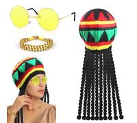 Oerphh 3pcs Rasta Set, Authentic Jamaican Dreadlocks Wig Hat with Yellow Glasses Braided Bracelet, Caribbean Fancy Dress Costume for Party Masquerade Cosplay Halloween