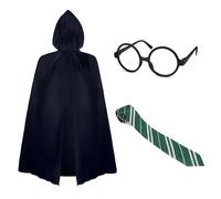 Oerphh 3pcs Wizard Costume Set, Wizard Fancy Dress including Hooded Wizard Cloak Glasses Frame Tie, Halloween World Book Day Cosplay Fancy Outfits for Adult Kids (Green)