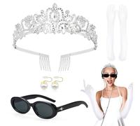 Oerphh 4pcs Princess Accessories, Crown Accessories Kit with Princess Tiaras Long Gloves Vintage Sunglasses, Dress Up Party Accessories for Women Girls Party Cosplay Halloween