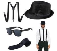 Oerphh 4pcs Roaring 20s Men's Accessories, Adults 1920S Gangster Costume with Black Fedora Gangster Hat Braces Tie Sunglasses, 1920s Gastby Costume Accessories for Men Cosplay Party (Style-02)