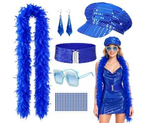 Oerphh 5Pcs Disco Costume Set for Women - 70s Disco Accessories with Sequin Hat Sunglasses Feather Boa,Abba Fancy Dress Kit (Blue)