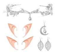 Oerphh 5Pcs Tiara and Elf Ears Set, Rhinestone Princess Tiara Crown Elf Ears Leaves Earring and Stone Necklace, Fairy Elf Ears Costume for Women Wedding Party Cosplay Halloween (Silver)