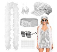 Oerphh 6 Pcs 70s Disco Costume Accessories Set for Women,Sequin Hat, Rhinestone Sunglasses, Feather Boa, Retro ABBA Style Fancy Dress Kit for Halloween Party Theme